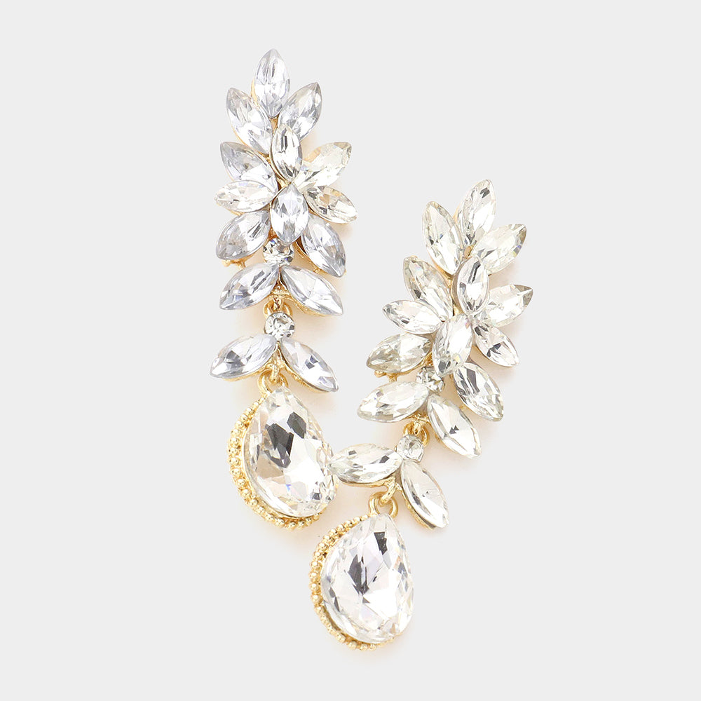 Clear Crystal Marquise Dangle Pageant Earrings on Gold | Prom Earrings