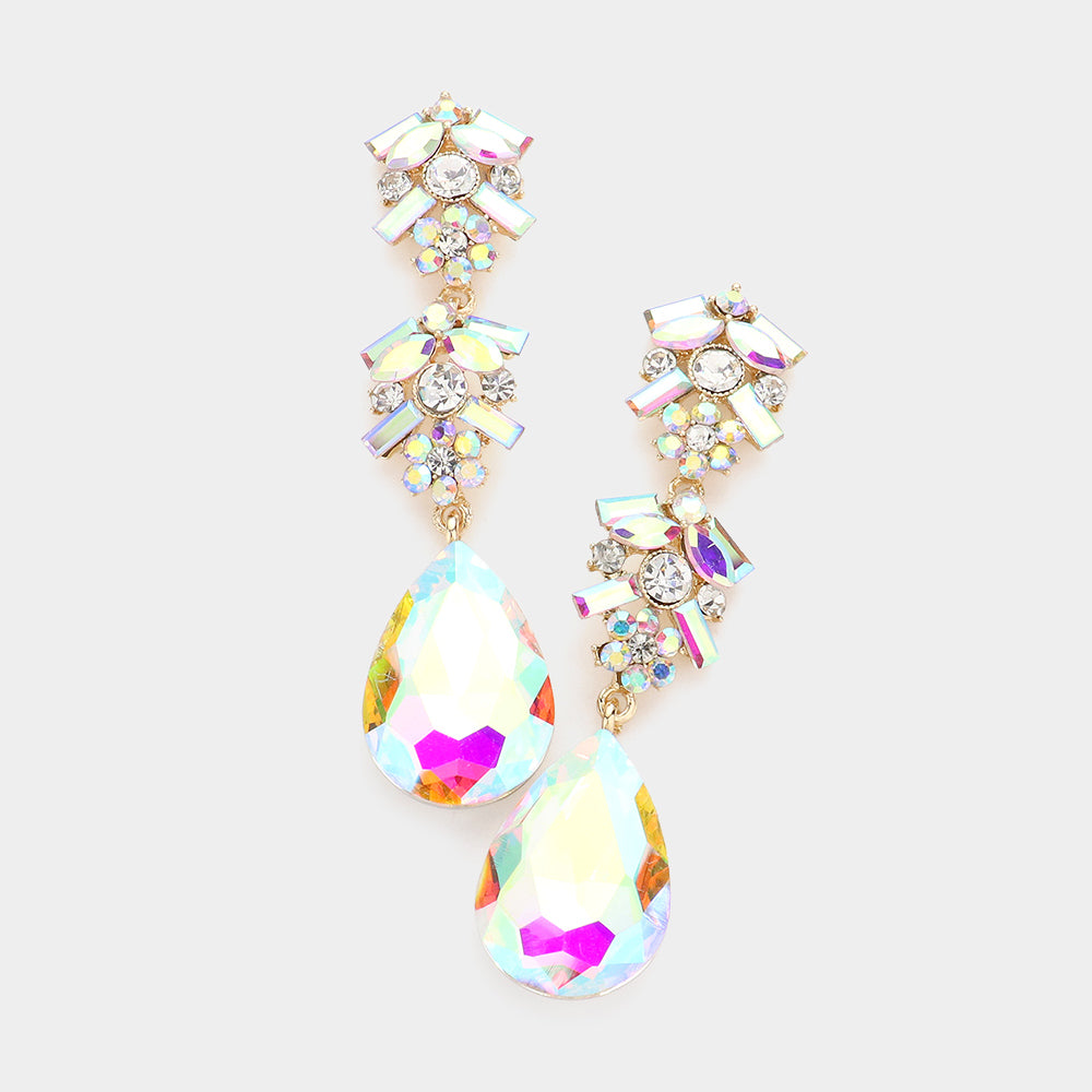Long AB Multi Stone Dangle Pageant Earrings on Gold | Pageant Drop Earrings