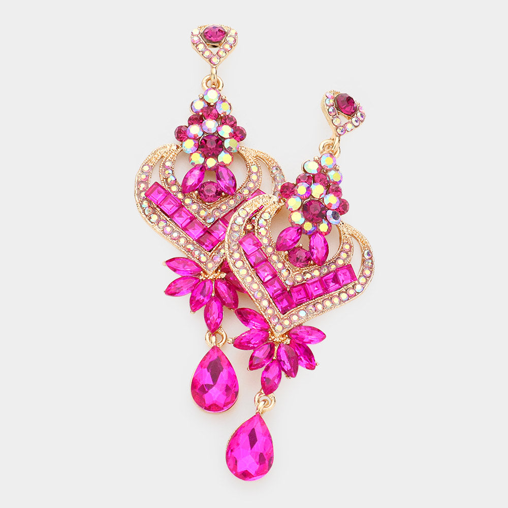 Fuchsia Crystal Heart and Teardrop Earrings