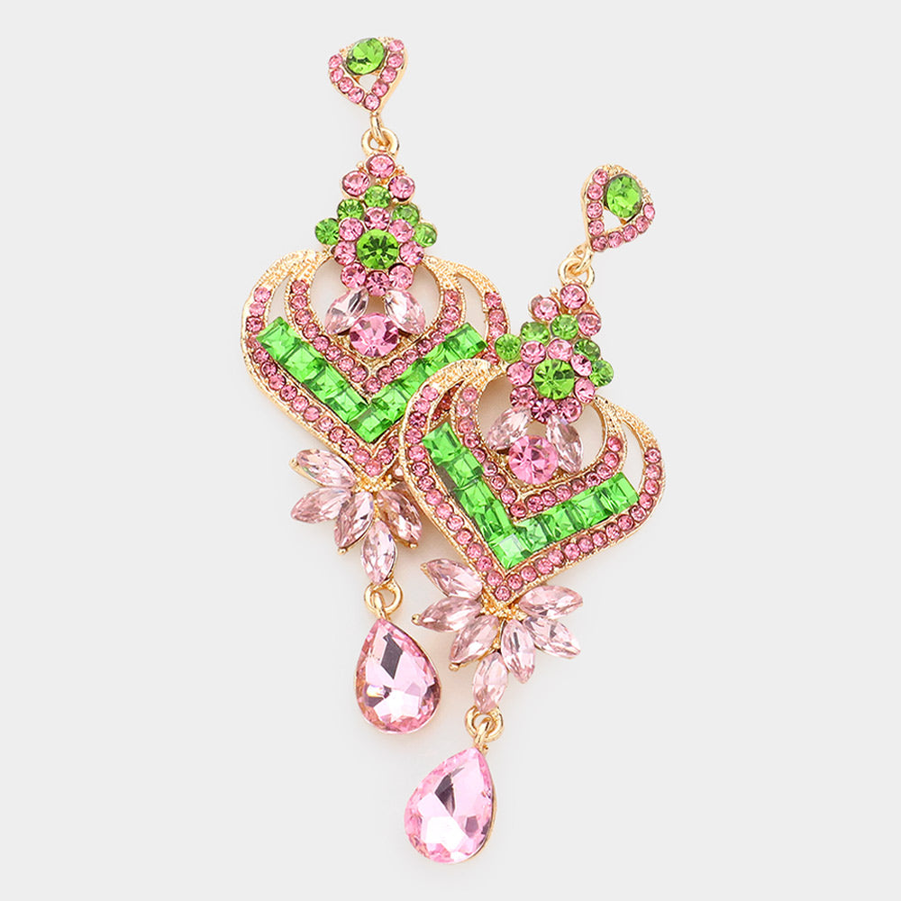 Pink & Green Crystal Heart and Teardrop Earrings