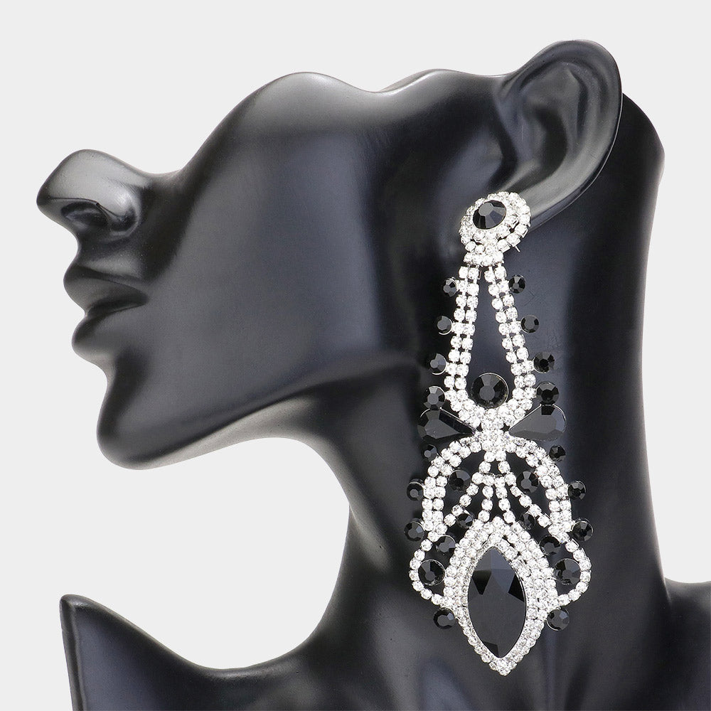 Oversized Black Crystal Marquise Stone Statement Earrings  | Pageant Earrings