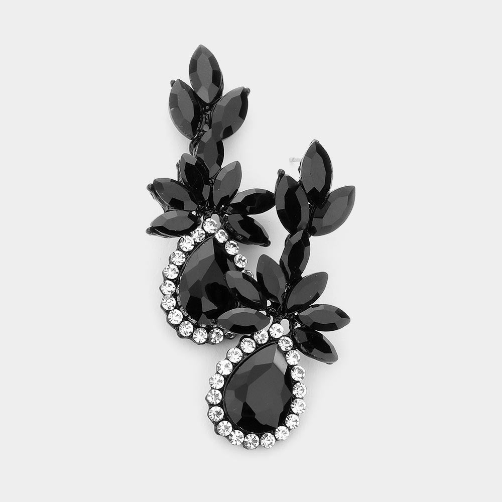 Jet Black Marquise Stone Cluster Dangle Pageant Earrings  | Prom Earrings