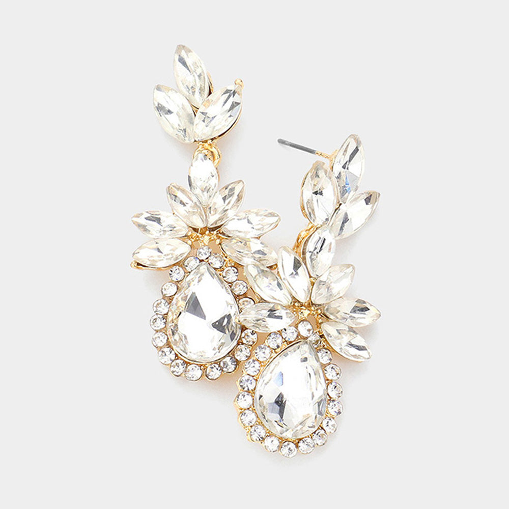 Clear Marquise Stone Cluster Dangle Pageant Earrings on Gold | Prom Earrings