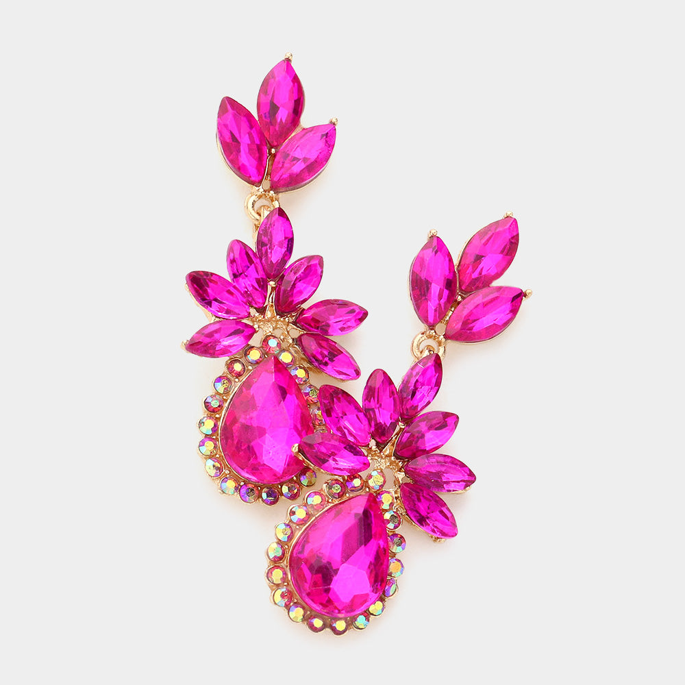 Fuchsia Marquise Stone Cluster Dangle Pageant Earrings | Prom Earrings | 590459