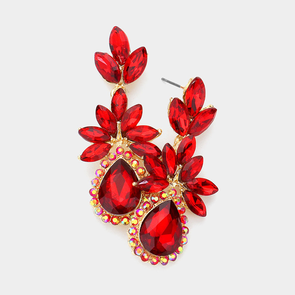 Red Marquise Stone Cluster Dangle Pageant Earrings | Prom Earrings