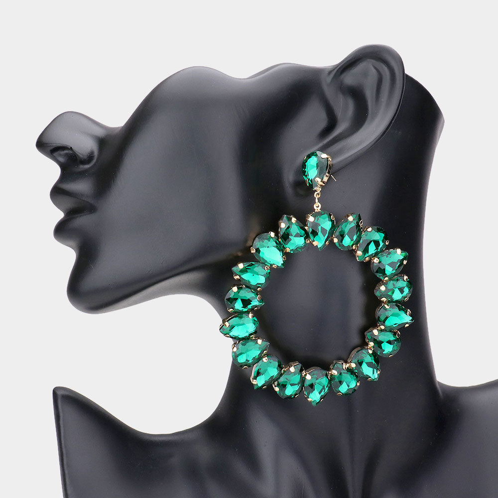 Large Emerald Teardrop Round Pageant Earrings