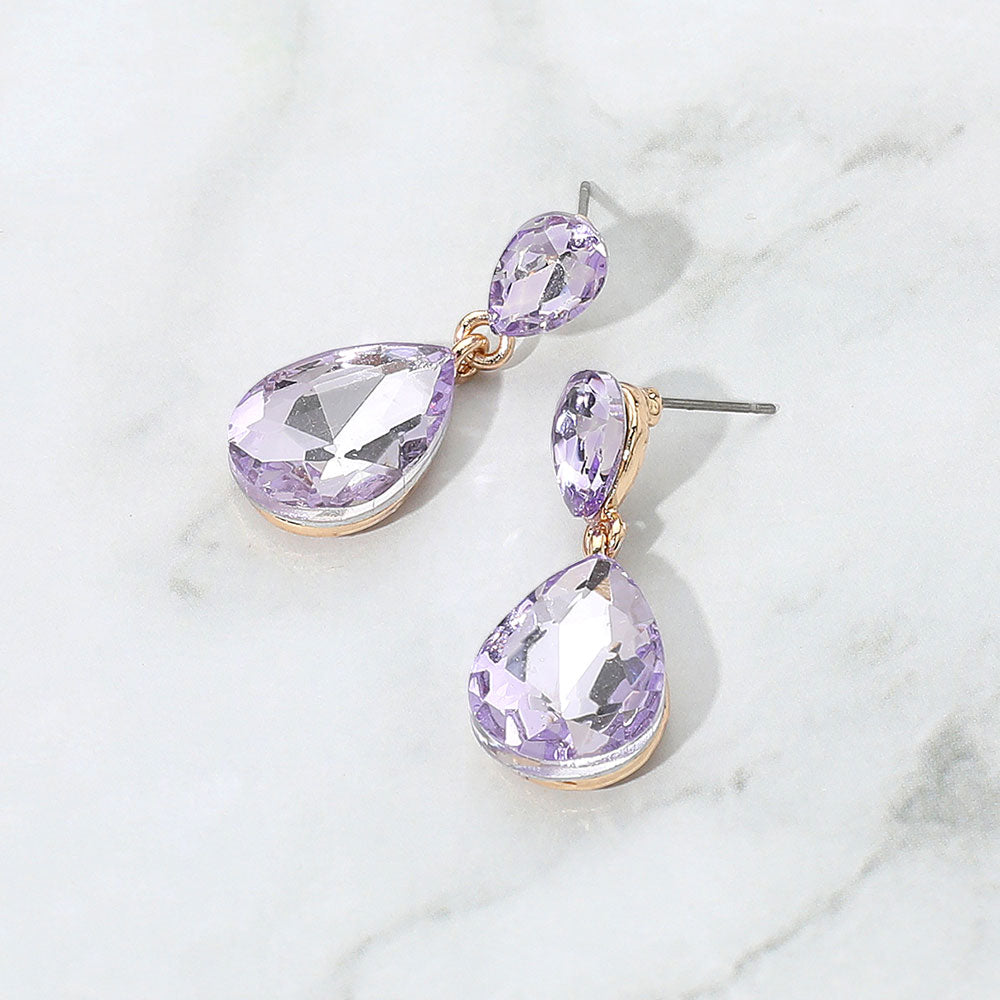 small Lavender Crystal Teardrop Dangle Earrings on a white background