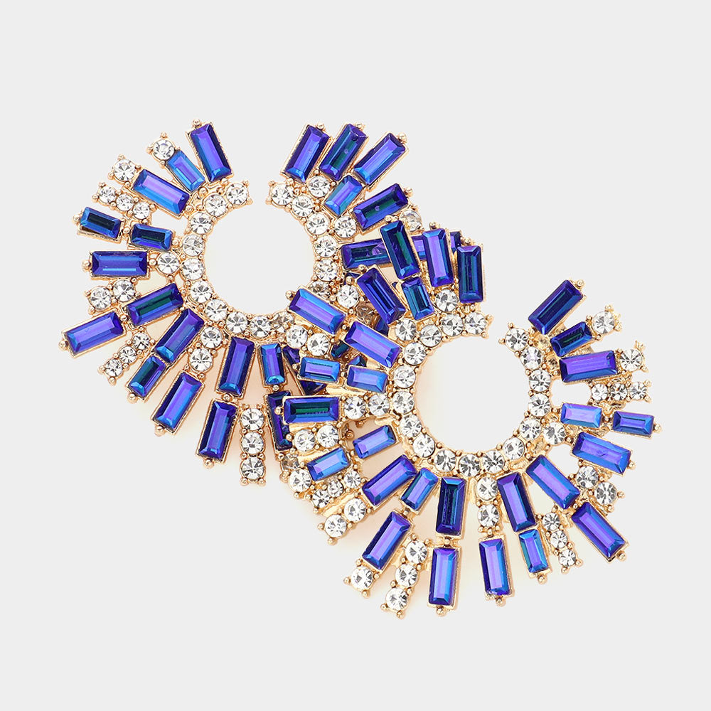Blue AB Baguette Stone Abstract Pageant Earrings  | Evening Earrings