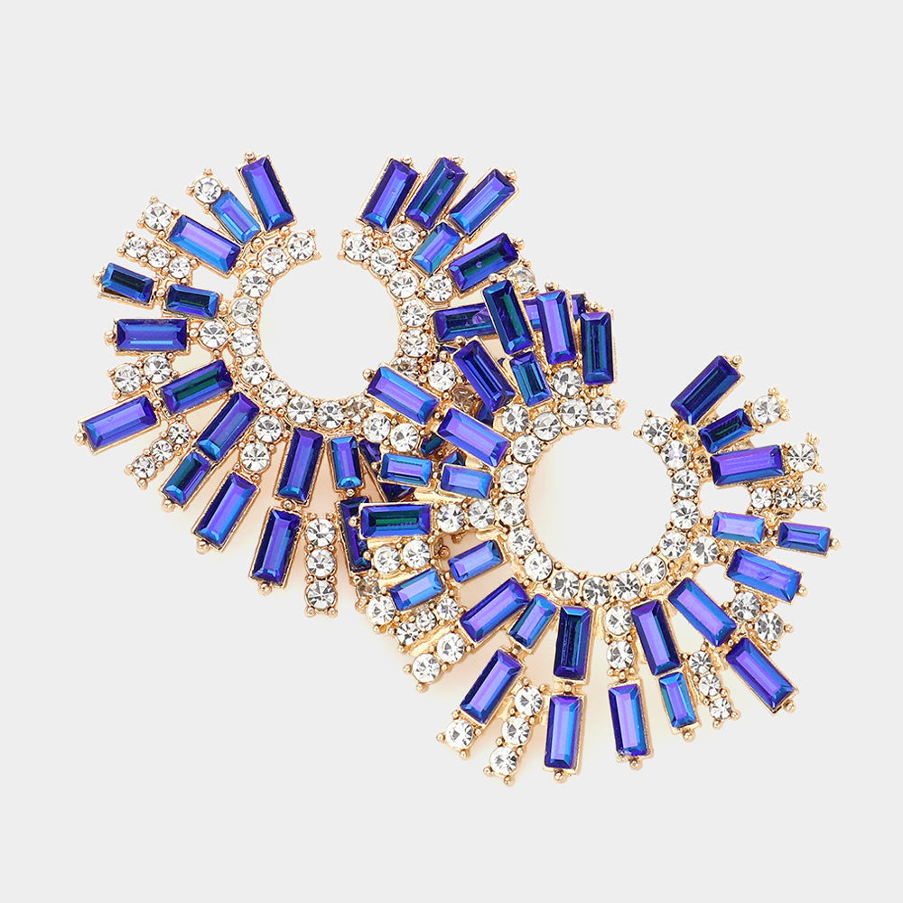 Blue AB Baguette Stone Abstract Pageant Earrings  | Evening Earrings