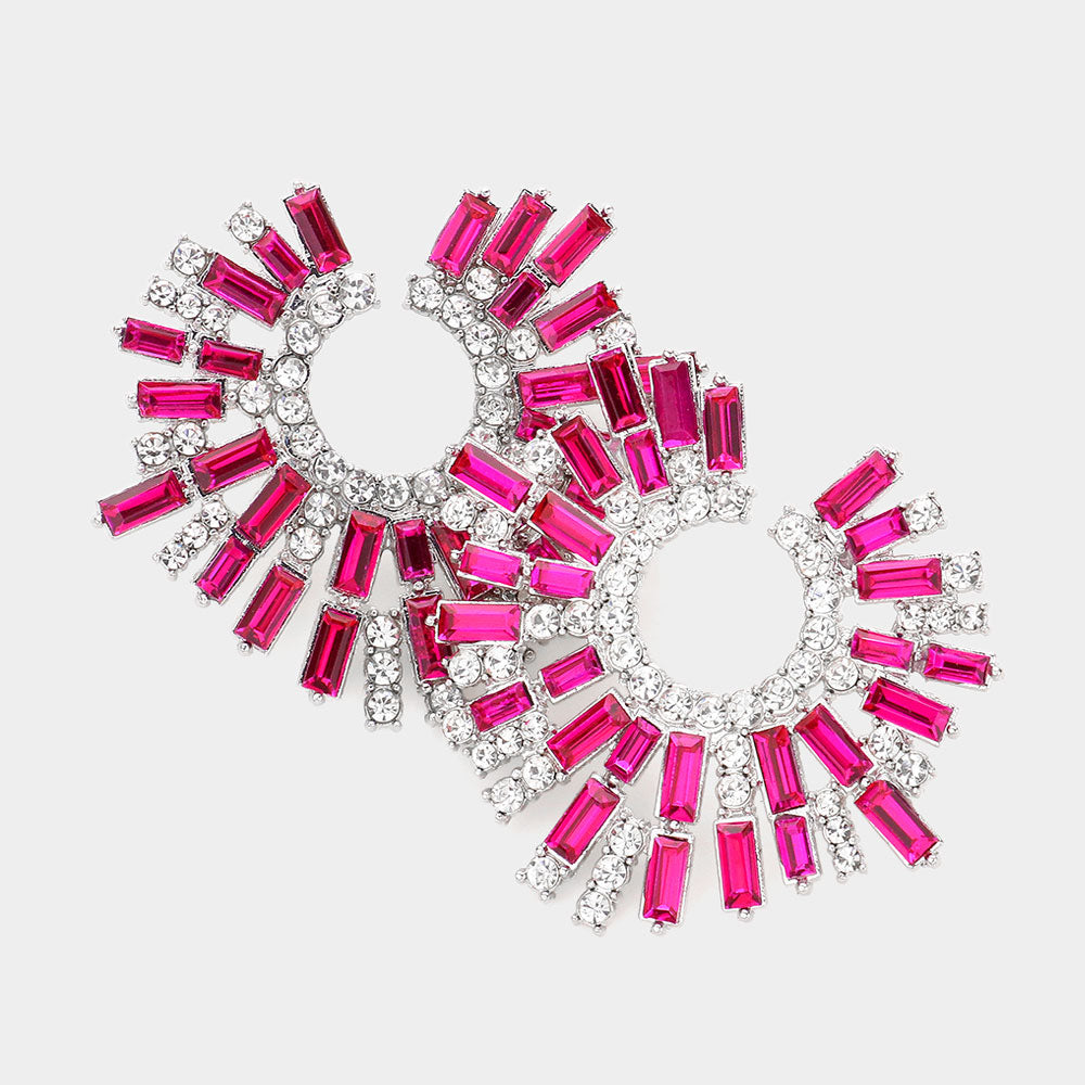 Fuchsia Baguette Stone Abstract Pageant Earrings | Evening Earrings