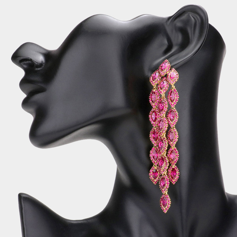 Long Fuchsia Marquise Stone Vine Dangle Pageant Earrings | Fuchsia Evening Earrings