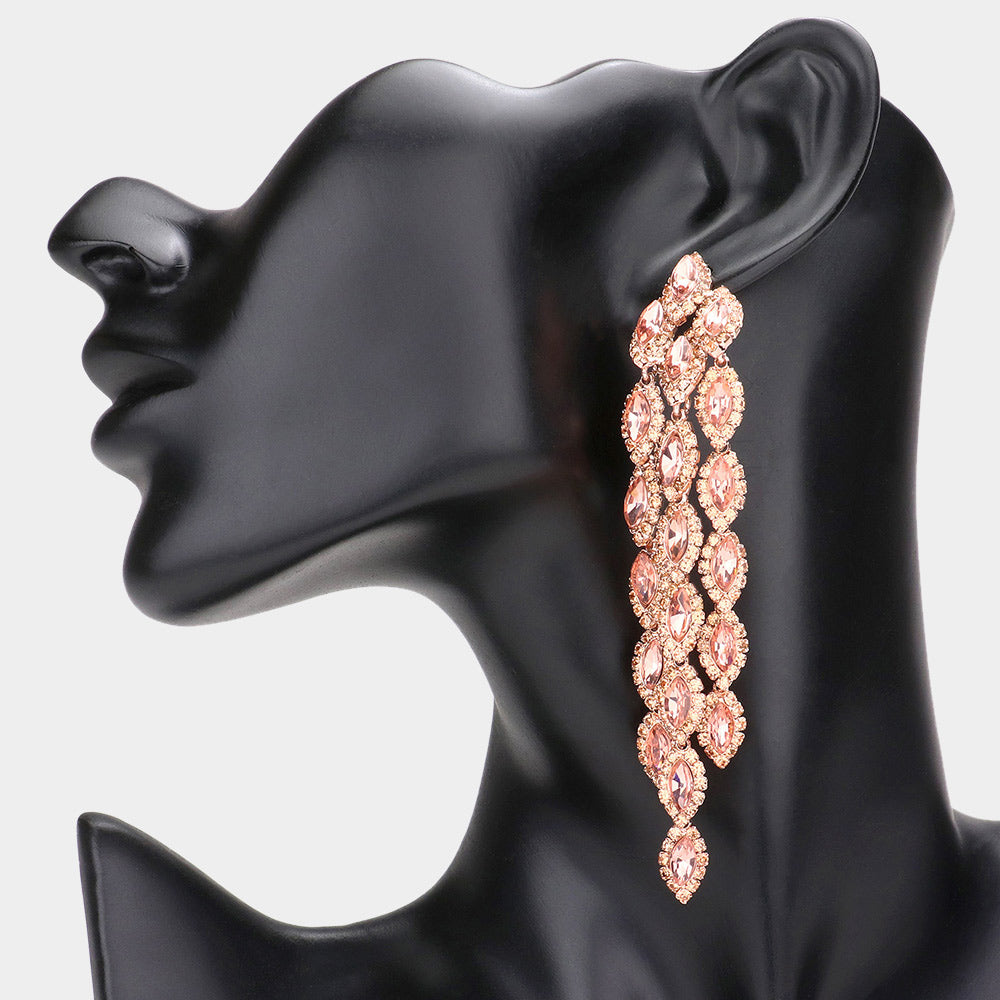 Long Peach Marquise Stone Vine Dangle Pageant Earrings | Peach Evening Earrings