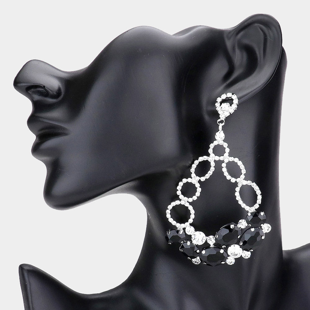Oval Black and Rhinestone Link Chandelier Earrings  | Black Earrings