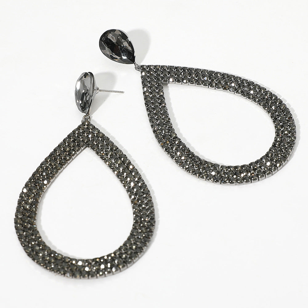 Black Diamond Rhinestone Open Teardrop Dangle Pageant Earrings  | Prom Earrings