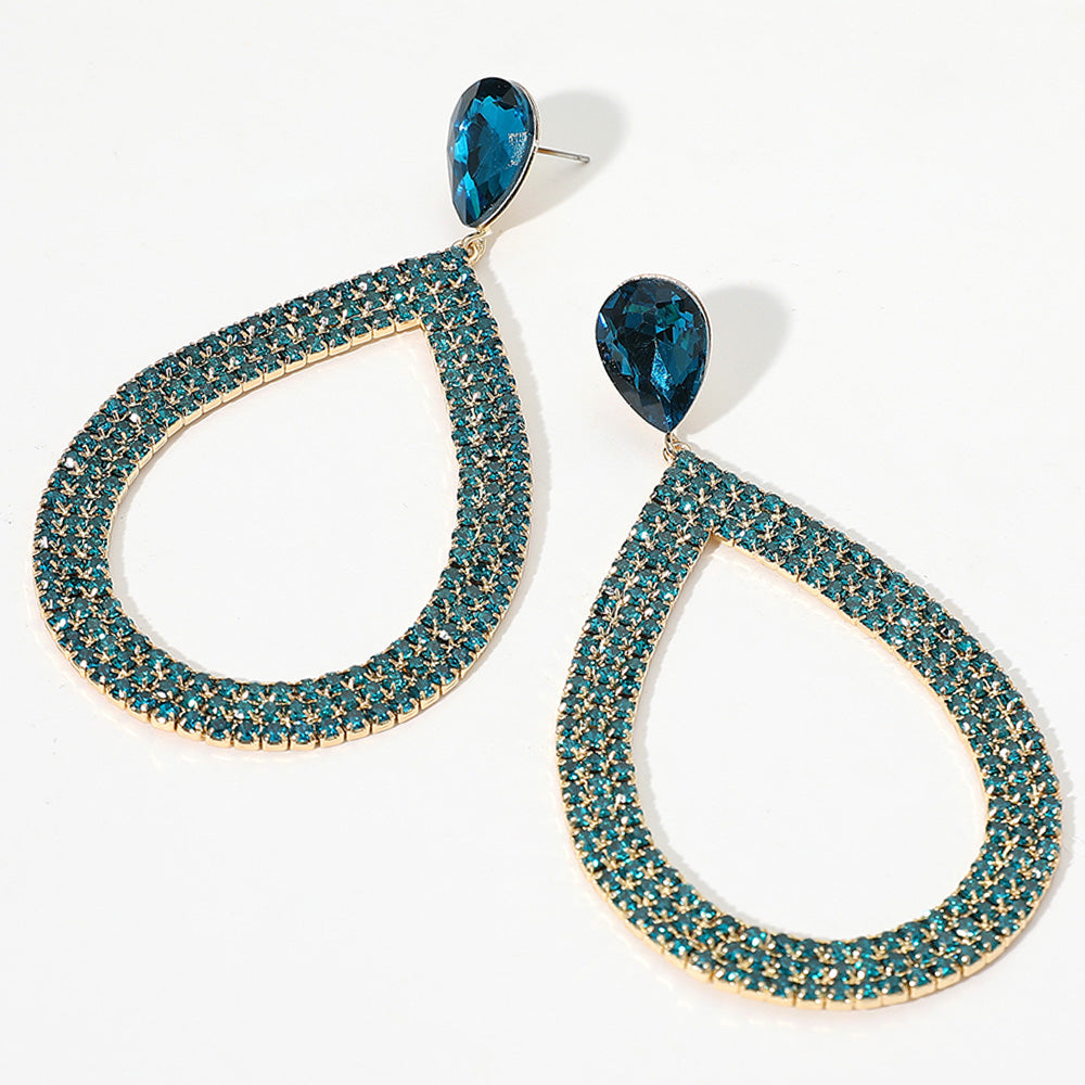 Teal Rhinestone Open Teardrop Dangle Pageant Earrings  | Prom Earrings