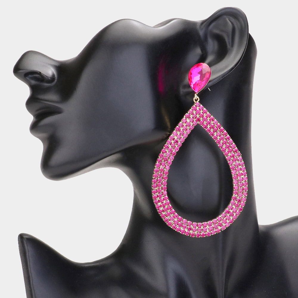 Fuchsia Rhinestone Open Teardrop Dangle Pageant Earrings  | Prom Earrings