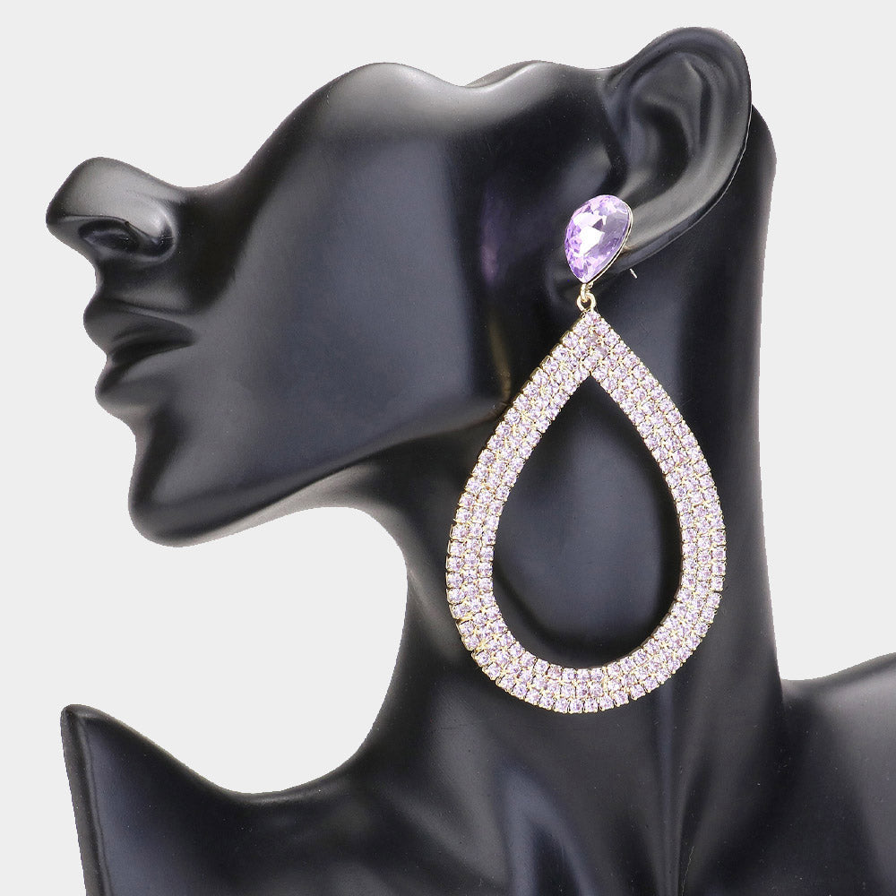 Lavender Rhinestone Open Teardrop Dangle Pageant Earrings  | Prom Earrings