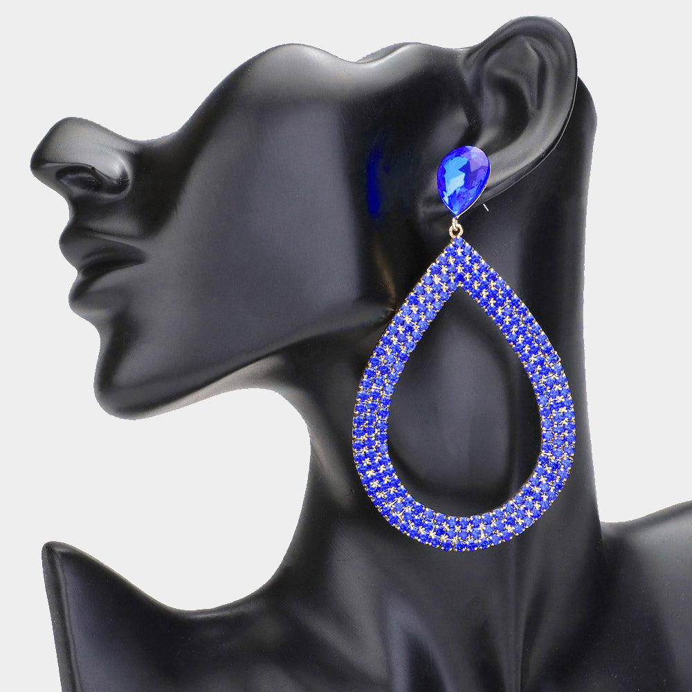 Sapphire Rhinestone Open Teardrop Dangle Pageant Earrings  | Prom Earrings