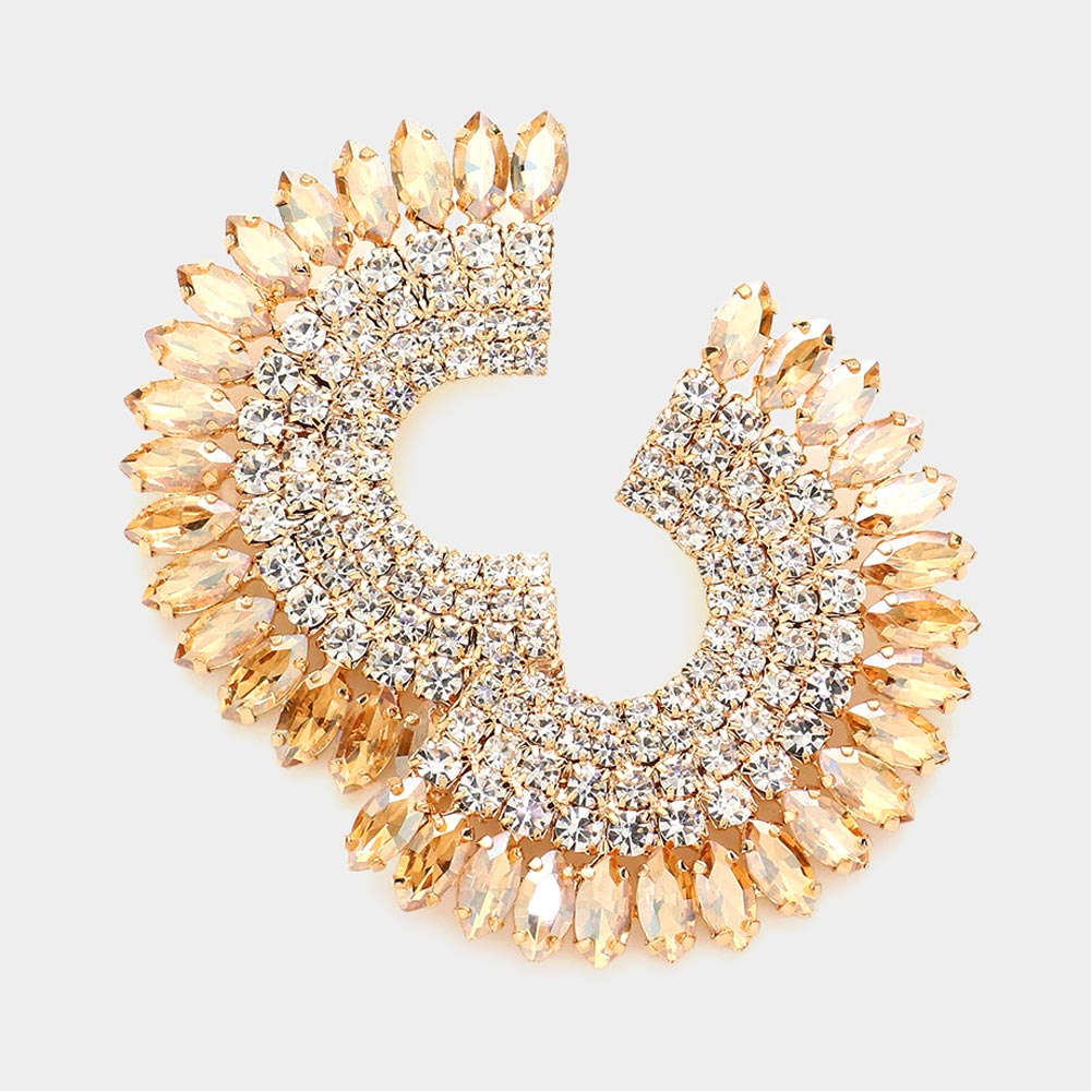 Light Topaz Marquise Stone and Rhinestone Half Moon Pageant Earrings  | Evening Earrings