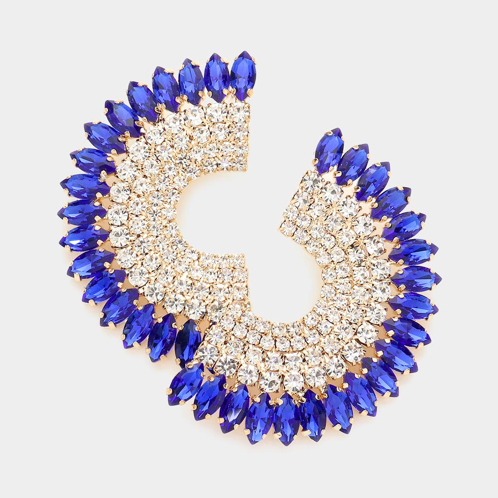 Royal Blue Marquise Stone and Rhinestone Half Moon Pageant Earrings | Evening Earrings