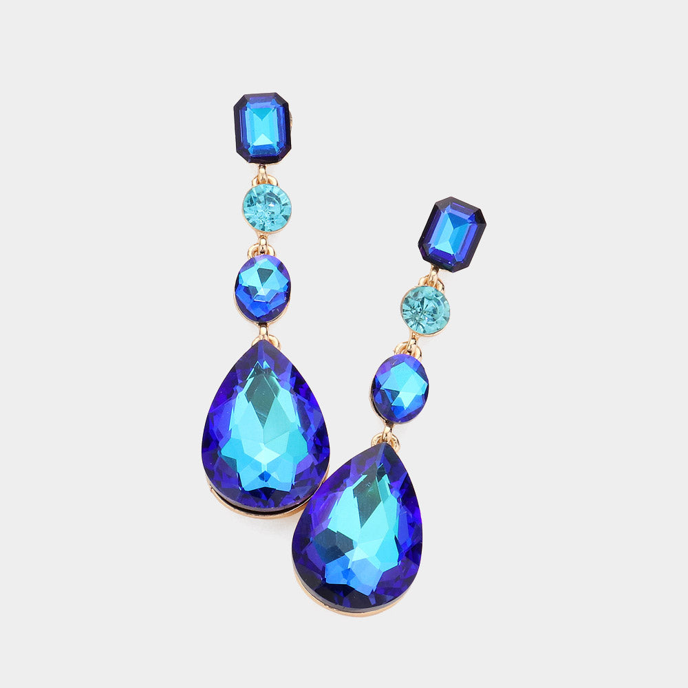 Aqua AB Multi Stone Drop Pageant Earrings | Prom Earrings