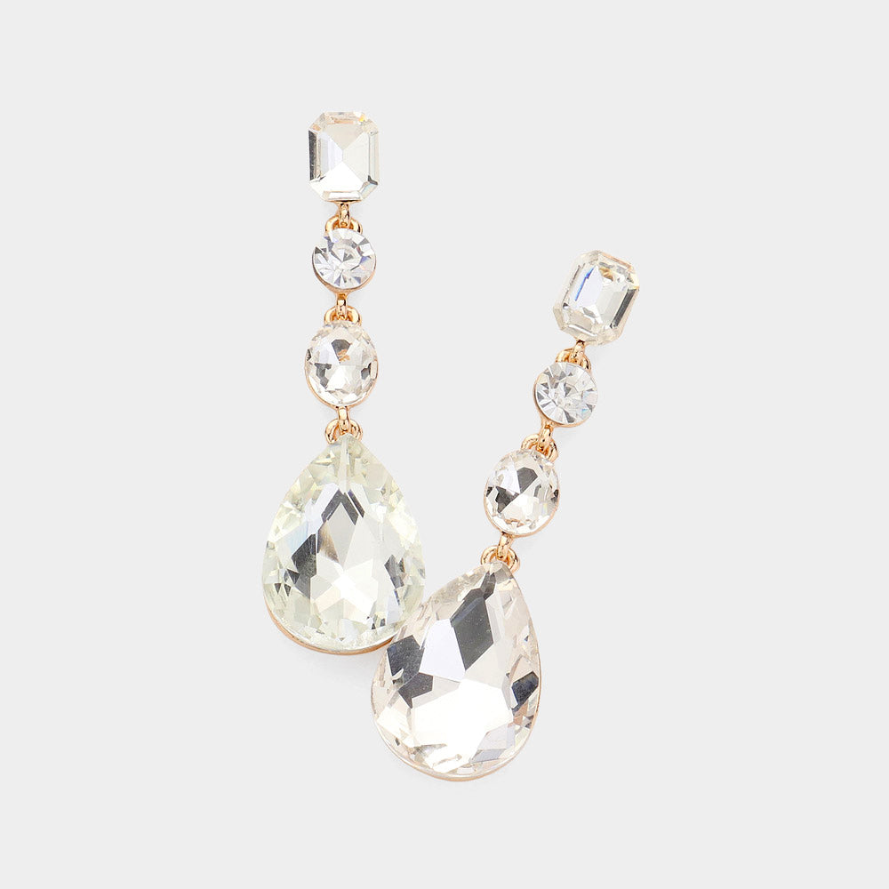 Clear Multi Stone Drop Pageant Earrings on Gold | Prom Earrings