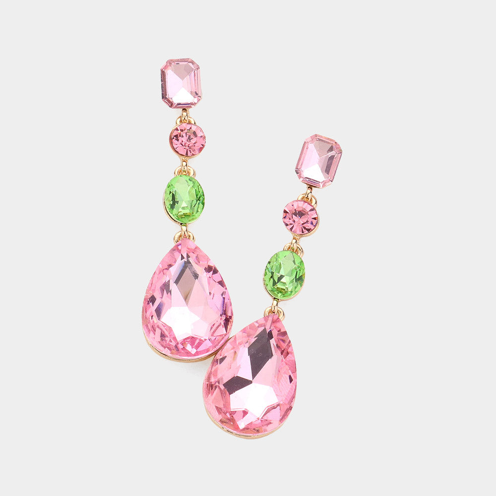 Pink & Green Multi Stone Drop Pageant Earrings  | Prom Earrings