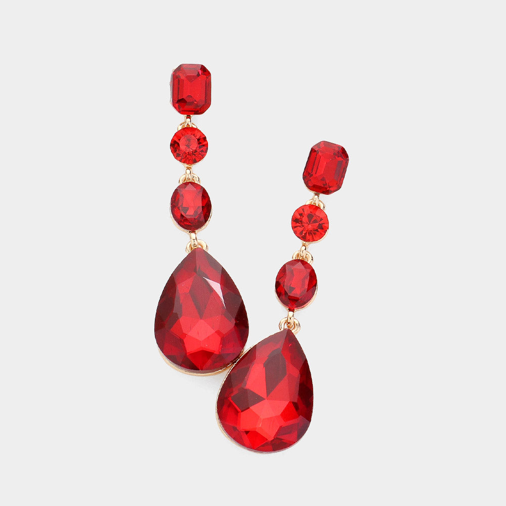 Red Multi Stone Drop Pageant Earrings  | Prom Earrings
