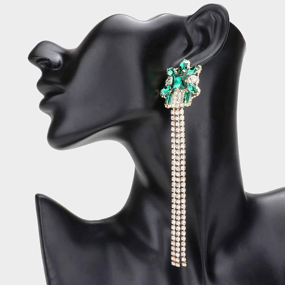 Long Emerald Stone Rhinestone Fringe Pageant Earrings  | Pageant Jewelry