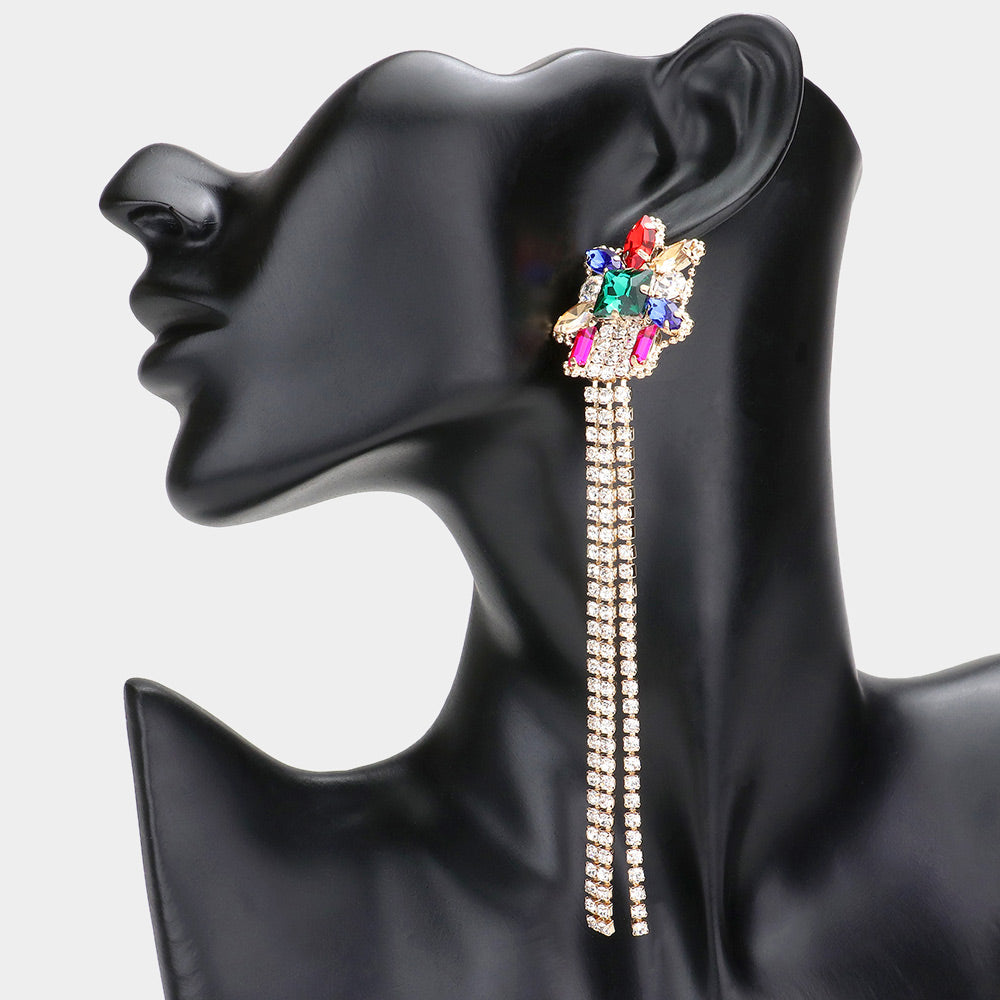 Long Multi-Color Stone Rhinestone Fringe Pageant Earrings  | Pageant Jewelry