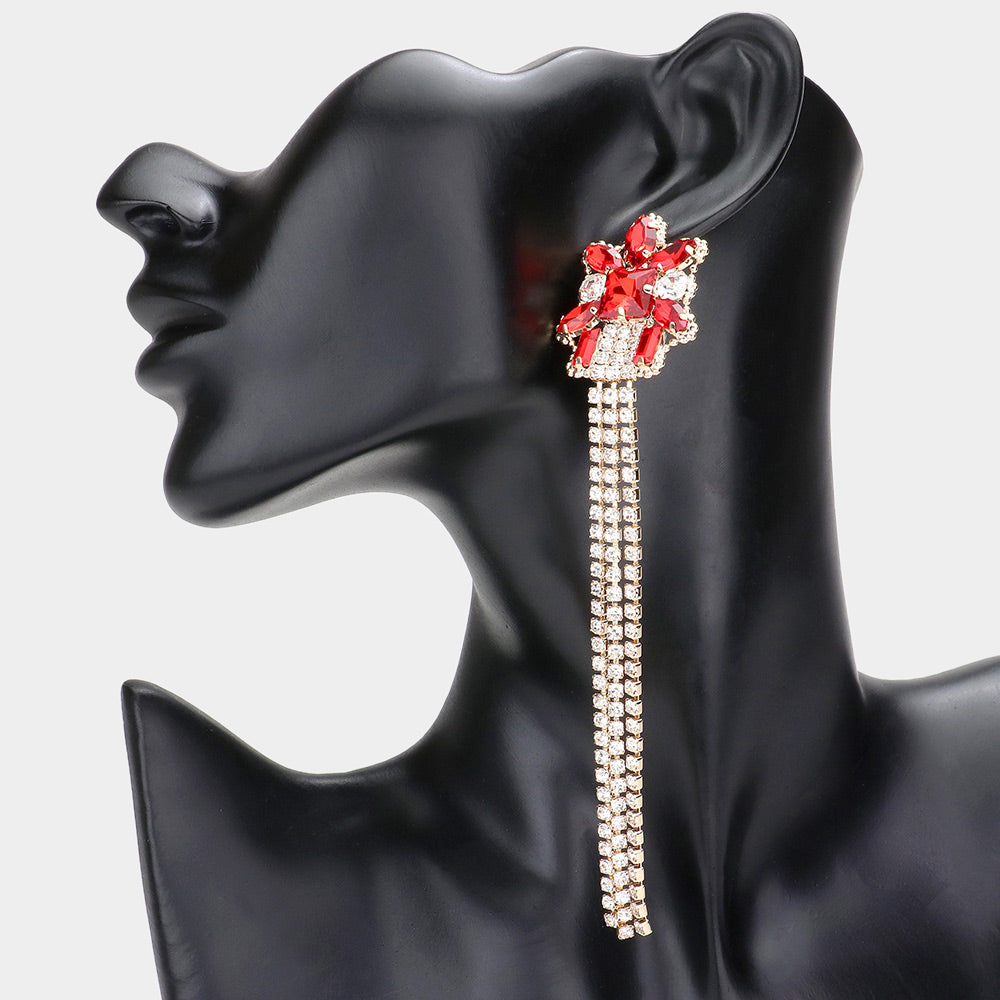 Long Red Stone Rhinestone Fringe Pageant Earrings  | Pageant Jewelry