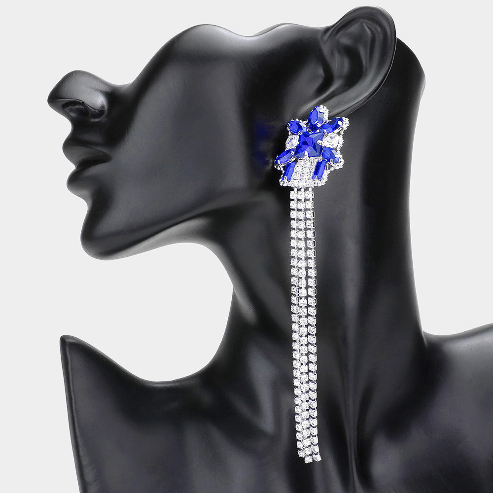 Long Blue Stone Rhinestone Fringe Pageant Earrings  | Pageant Jewelry