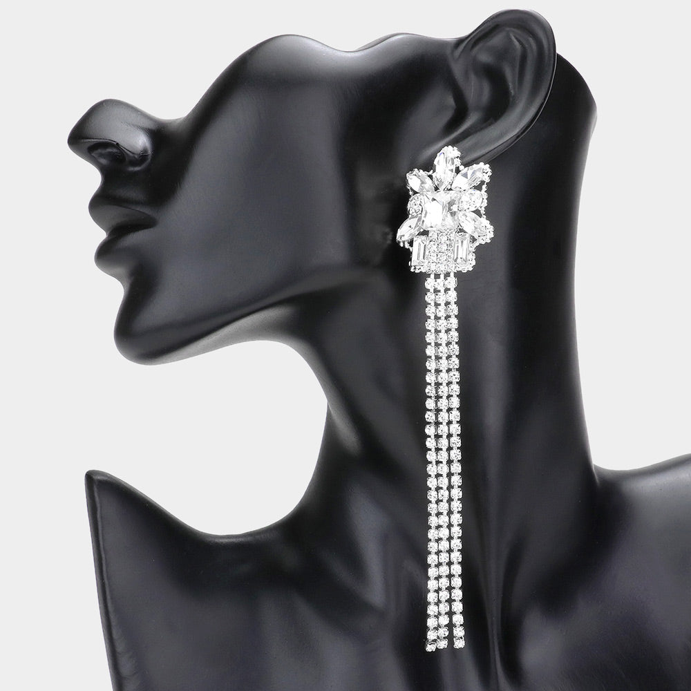 Long Clear Stone Rhinestone Fringe Pageant Earrings  | Pageant Jewelry