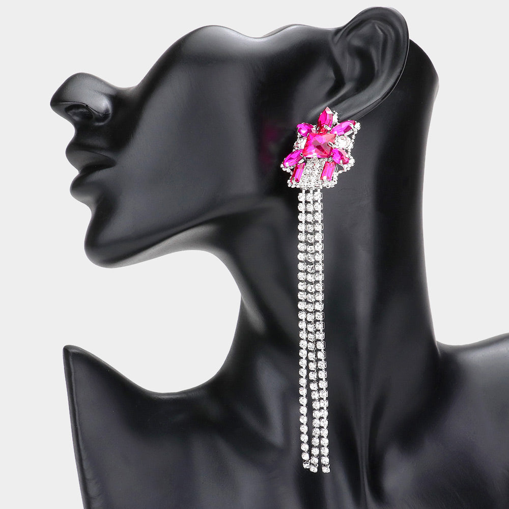 Long Fuchsia Stone Rhinestone Fringe Pageant Earrings | Pageant Jewelry