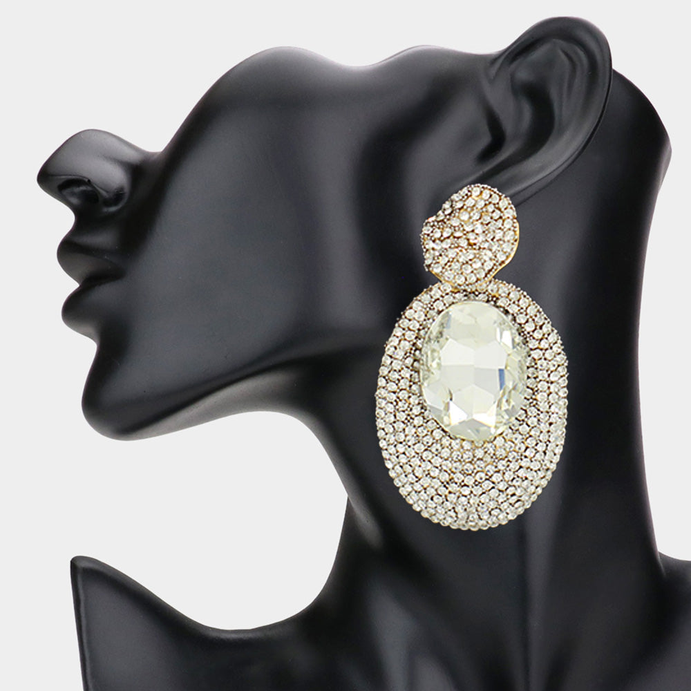 Clear and Rhinestone Oval Dangle Pageant Earrings on Gold | Fashion Earrings | Prom Earrings