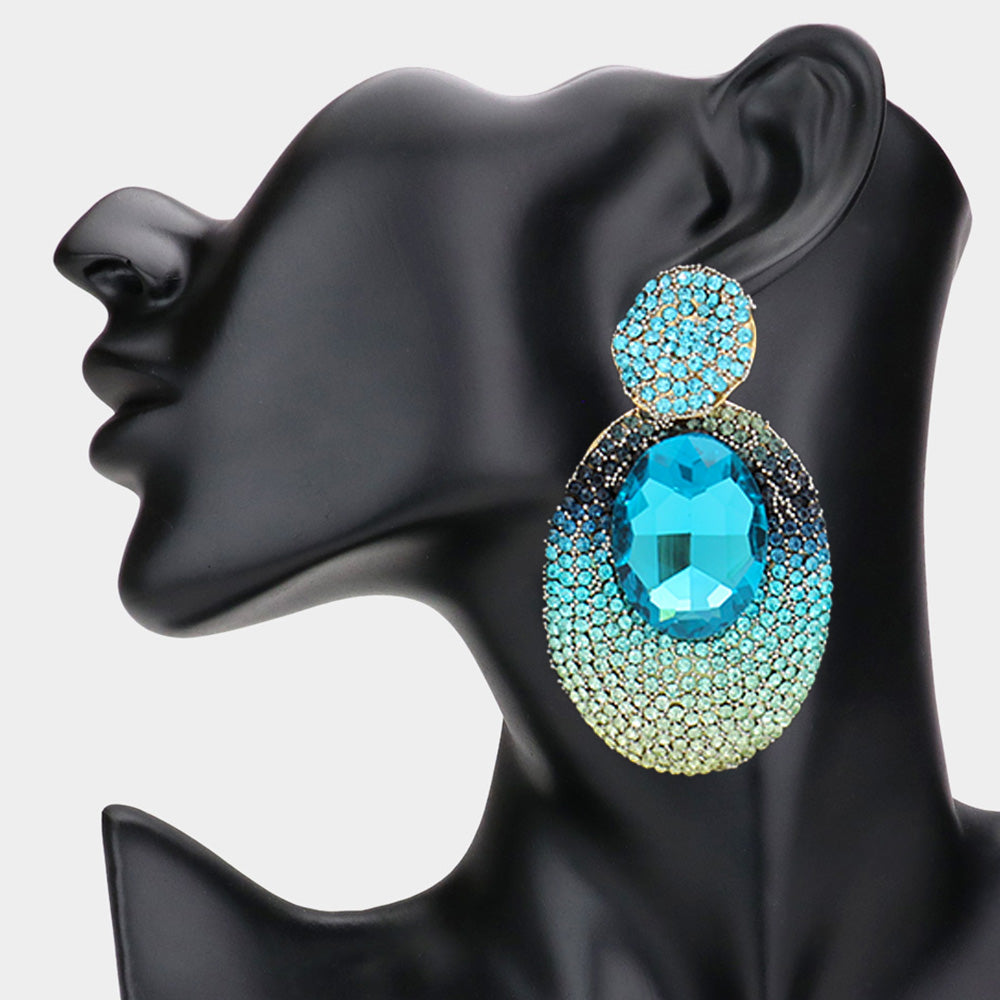 Light Blue and Rhinestone Oval Dangle Pageant Earrings | Fashion Earrings | Prom Earrings