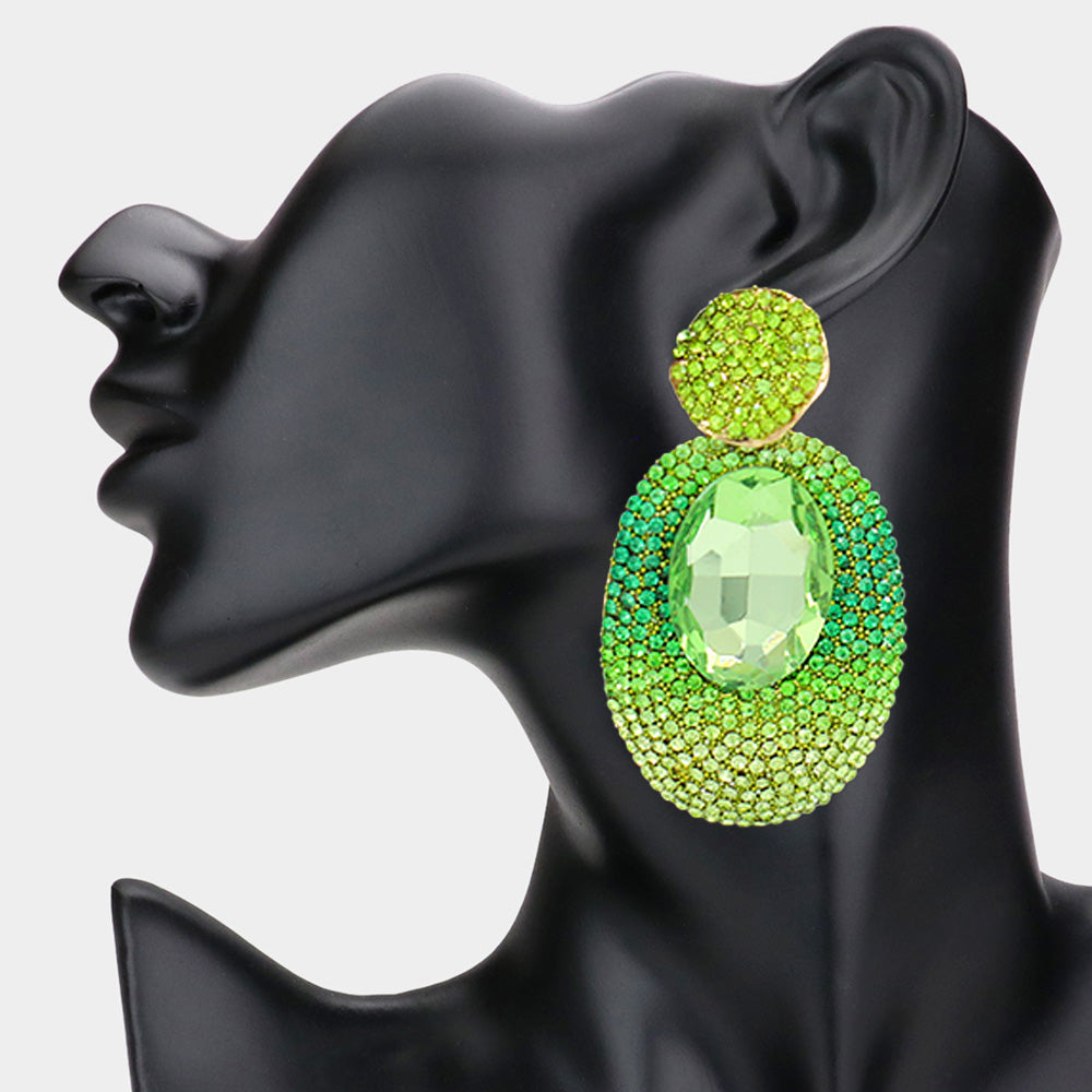 Green and Rhinestone Oval Dangle Pageant Earrings| Fashion Earrings | Prom Earrings