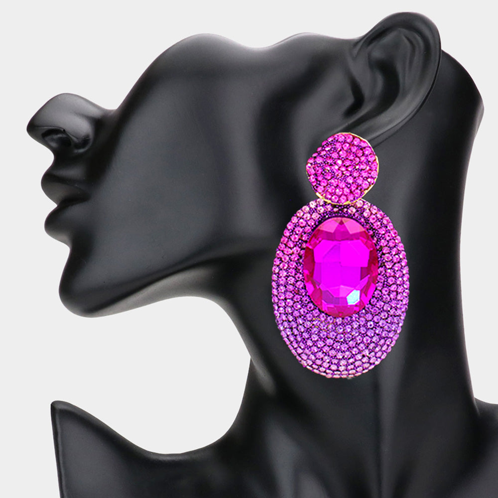 Fuchsia and Rhinestone Oval Dangle Pageant Earrings | Fashion Earrings | Prom Earrings