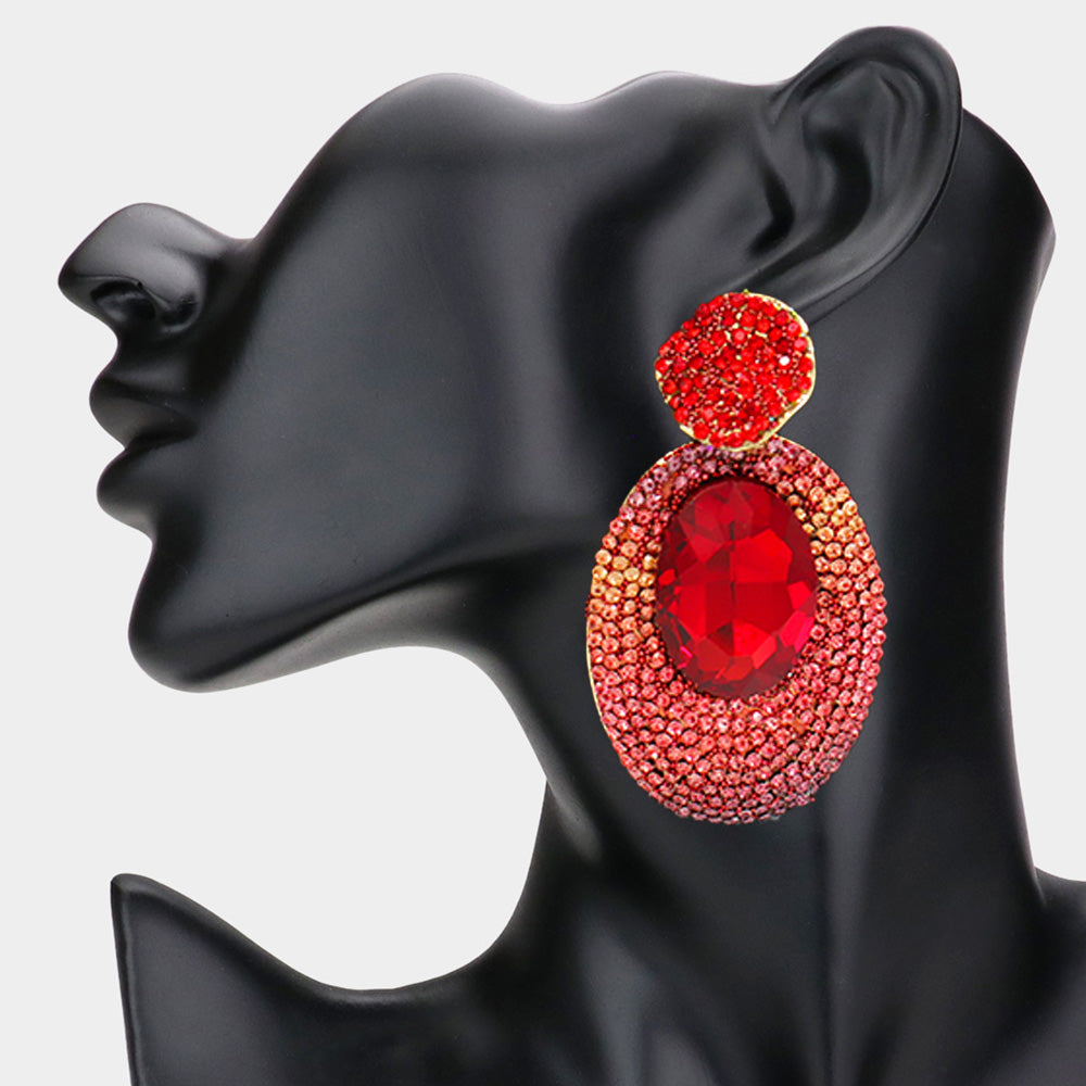 Red and Rhinestone Oval Dangle Pageant Earrings | Fashion Earrings | Prom Earrings