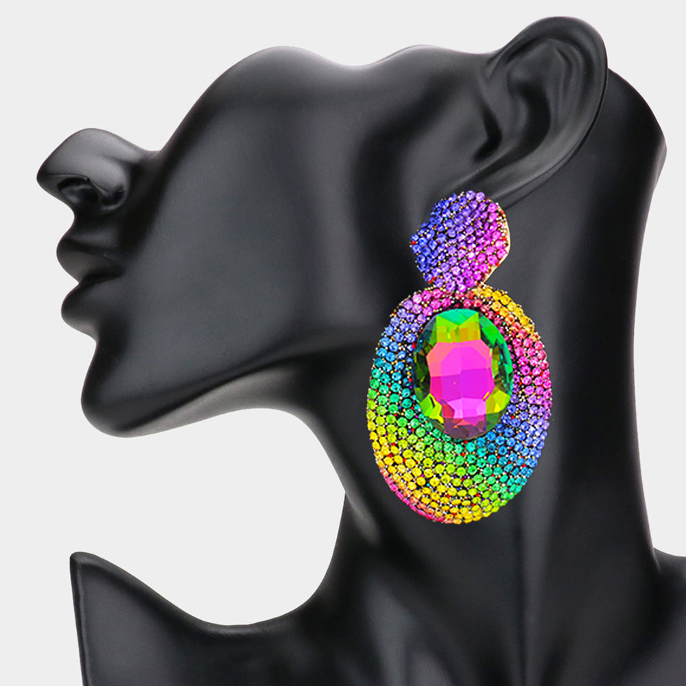 Multi-Color and Rhinestone Oval Dangle Pageant Earrings | Fashion Earrings | Prom Earrings