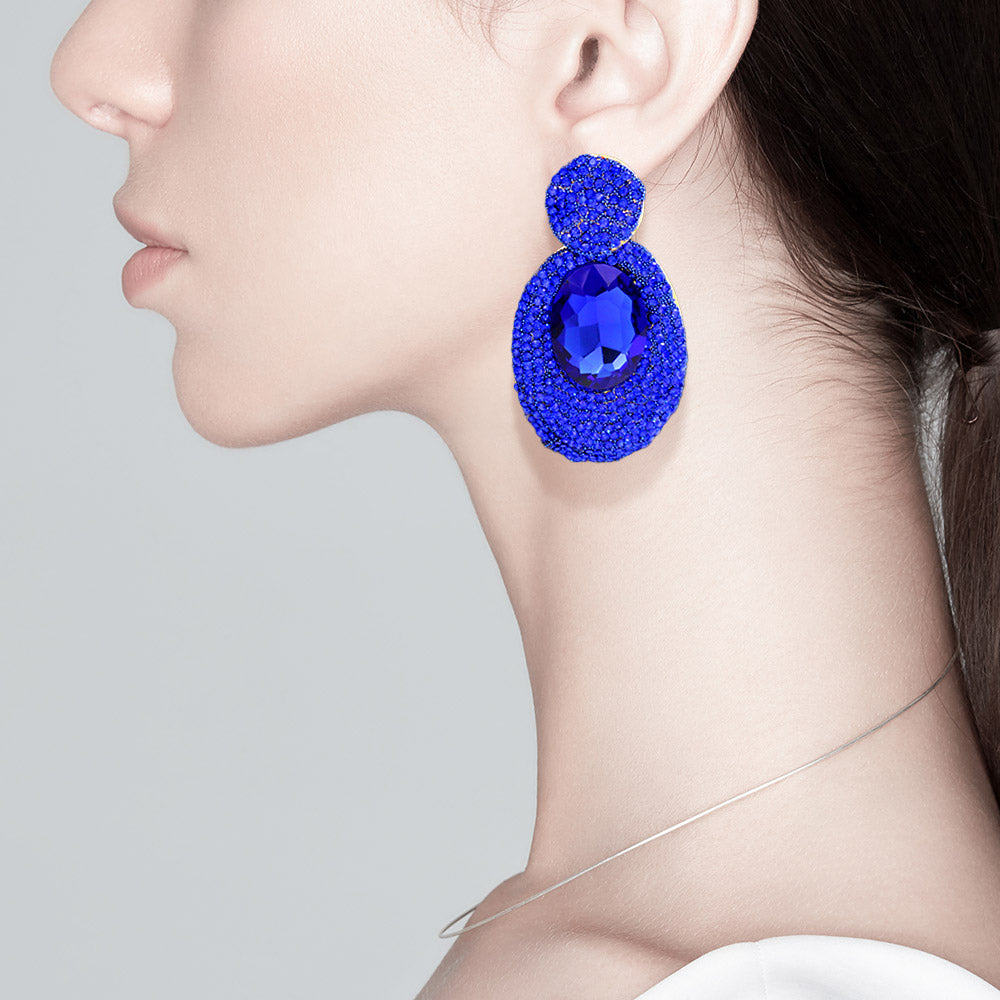Sapphire and Rhinestone Oval Dangle Pageant Earrings | Fashion Earrings | Prom Earrings