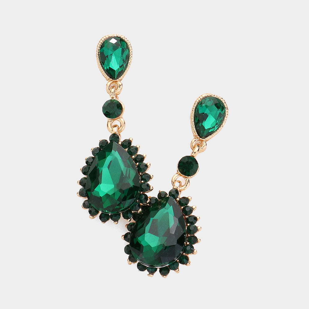 Emerald Teardrop Crystal Dangle Pageant Earrings | Prom Earrings |  620402