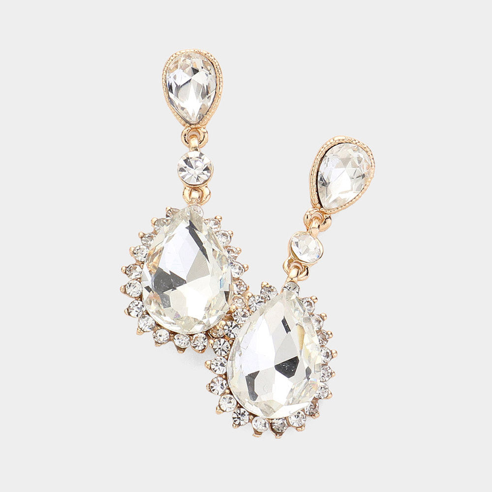 Clear Teardrop Crystal Dangle Pageant Earrings on Gold | Prom Earrings