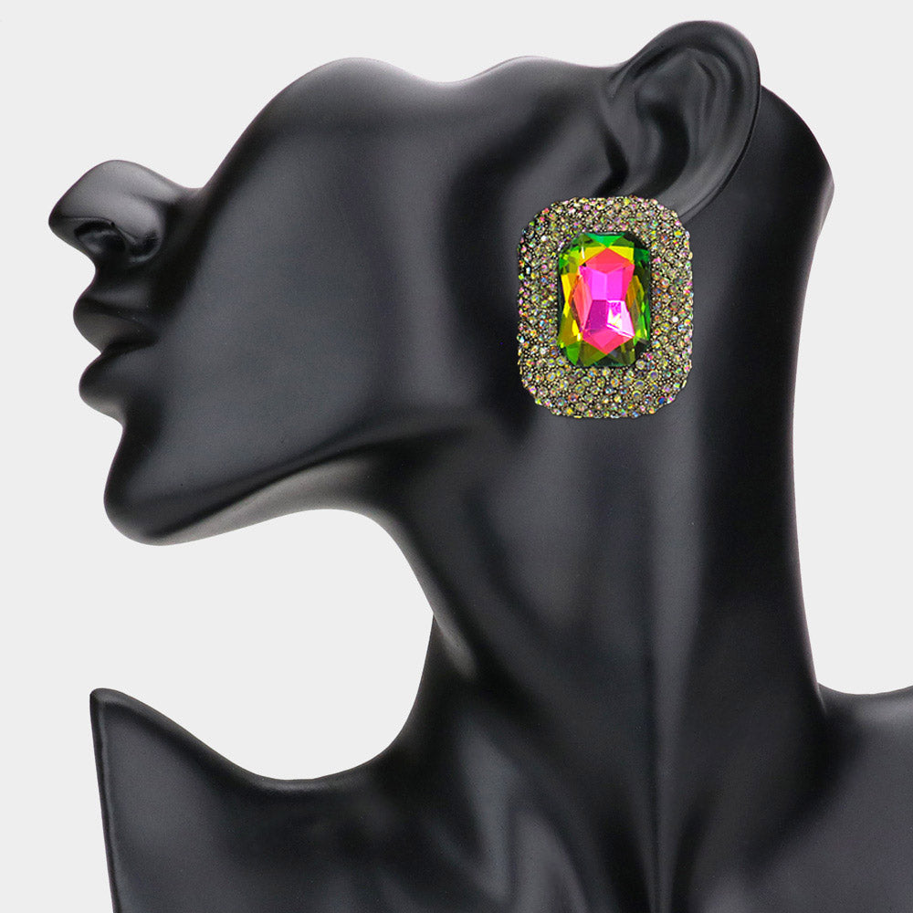 Multi-Color Rectangle Pageant Earrings | Multi-Color Prom Earrings