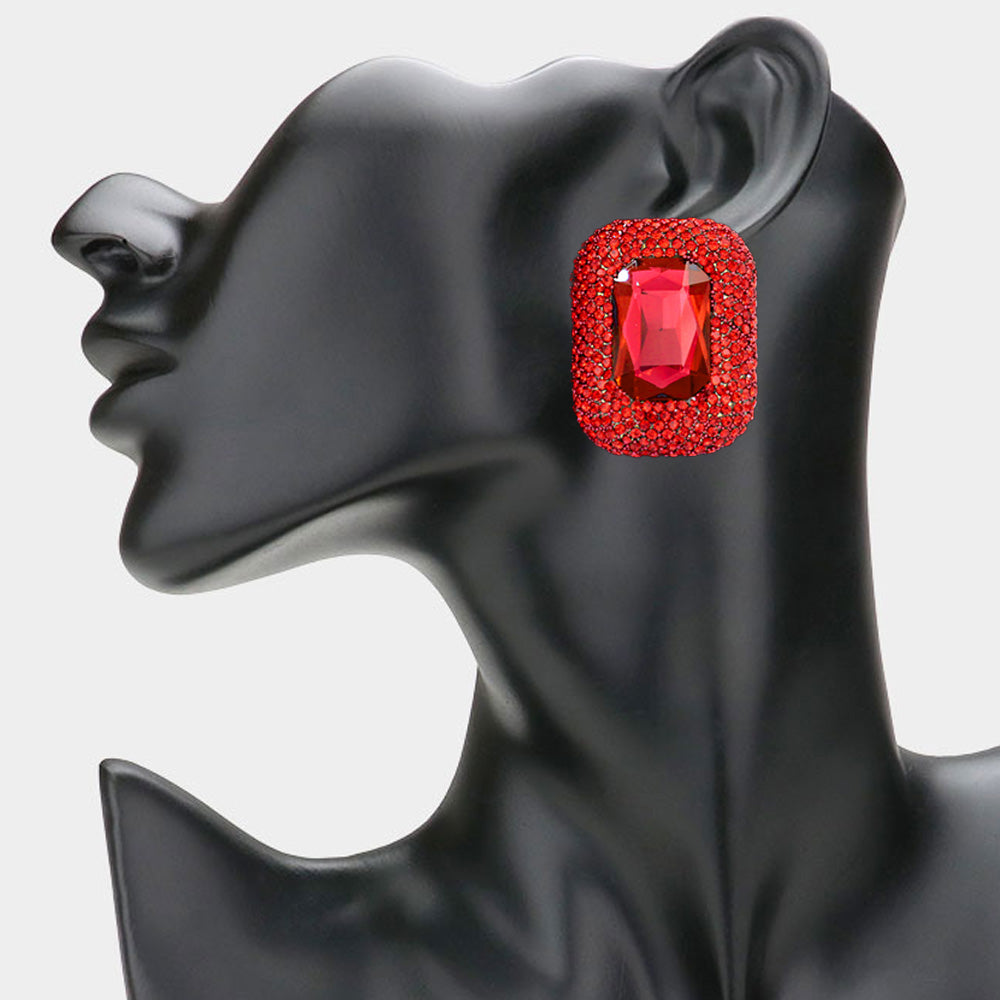 Red Rectangle Pageant Earrings  | Red Prom Earrings