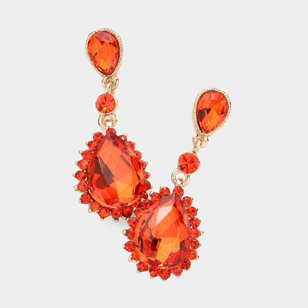 Orange Teardrop Crystal Dangle Pageant Earrings  | Prom Earrings