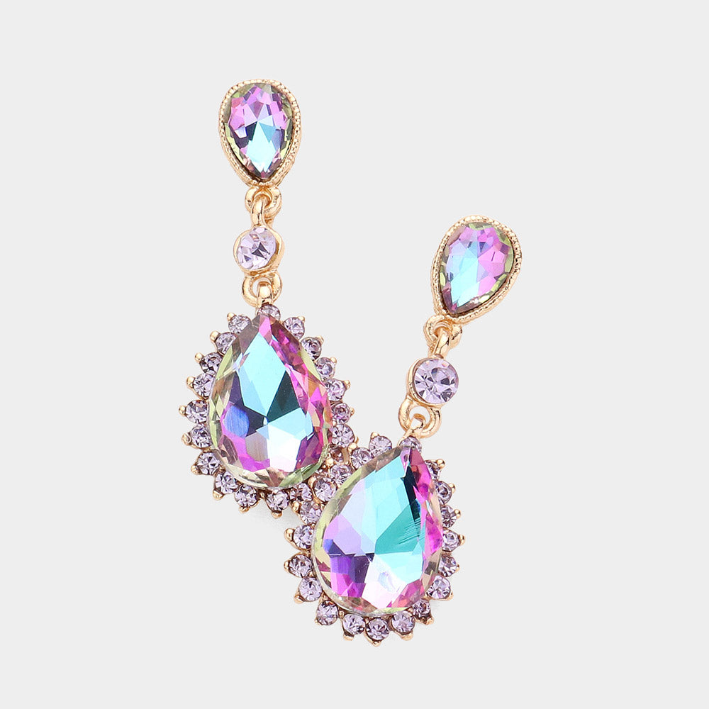 Violet AB Teardrop Crystal Dangle Pageant Earrings  | Prom Earrings