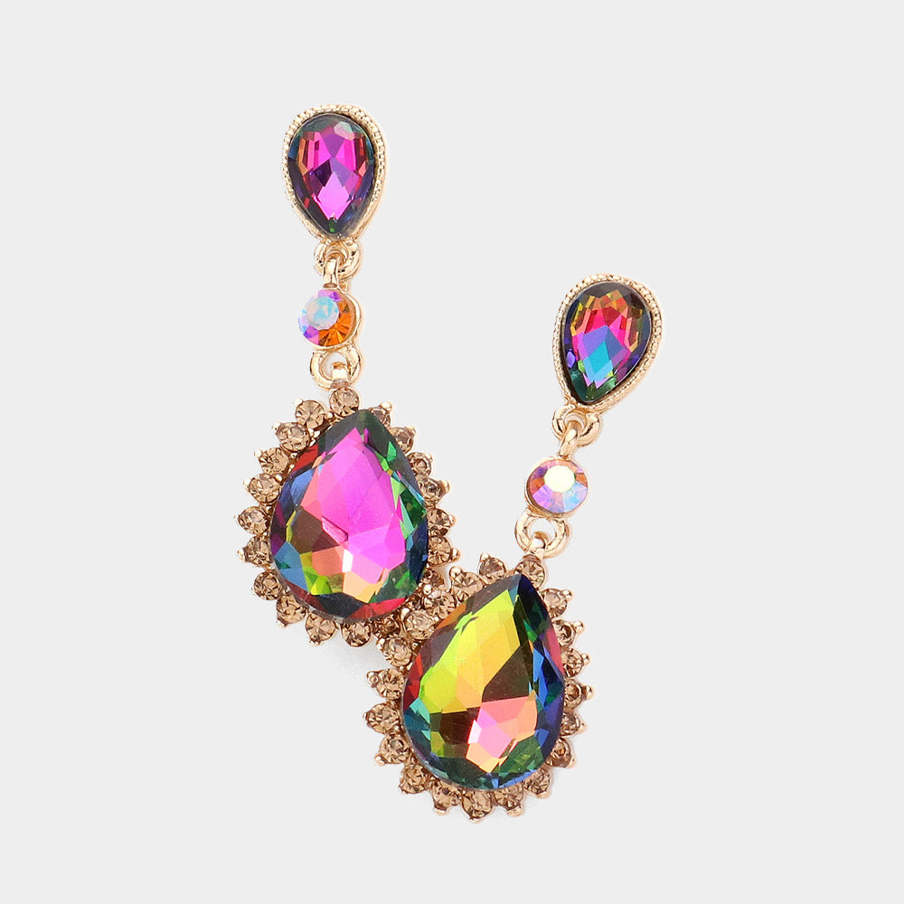 Multi-Color Teardrop Crystal Dangle Pageant Earrings  | Prom Earrings