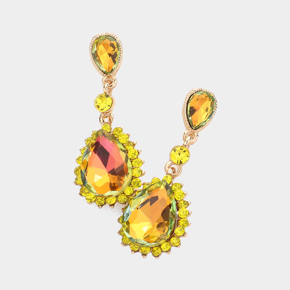 Yellow AB Teardrop Crystal Dangle Pageant Earrings  | Prom Earrings