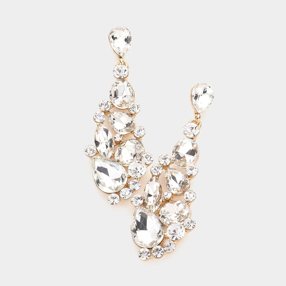 Clear Round and Teardrop Cluster Pageant Earrings on Gold| Prom Earrings